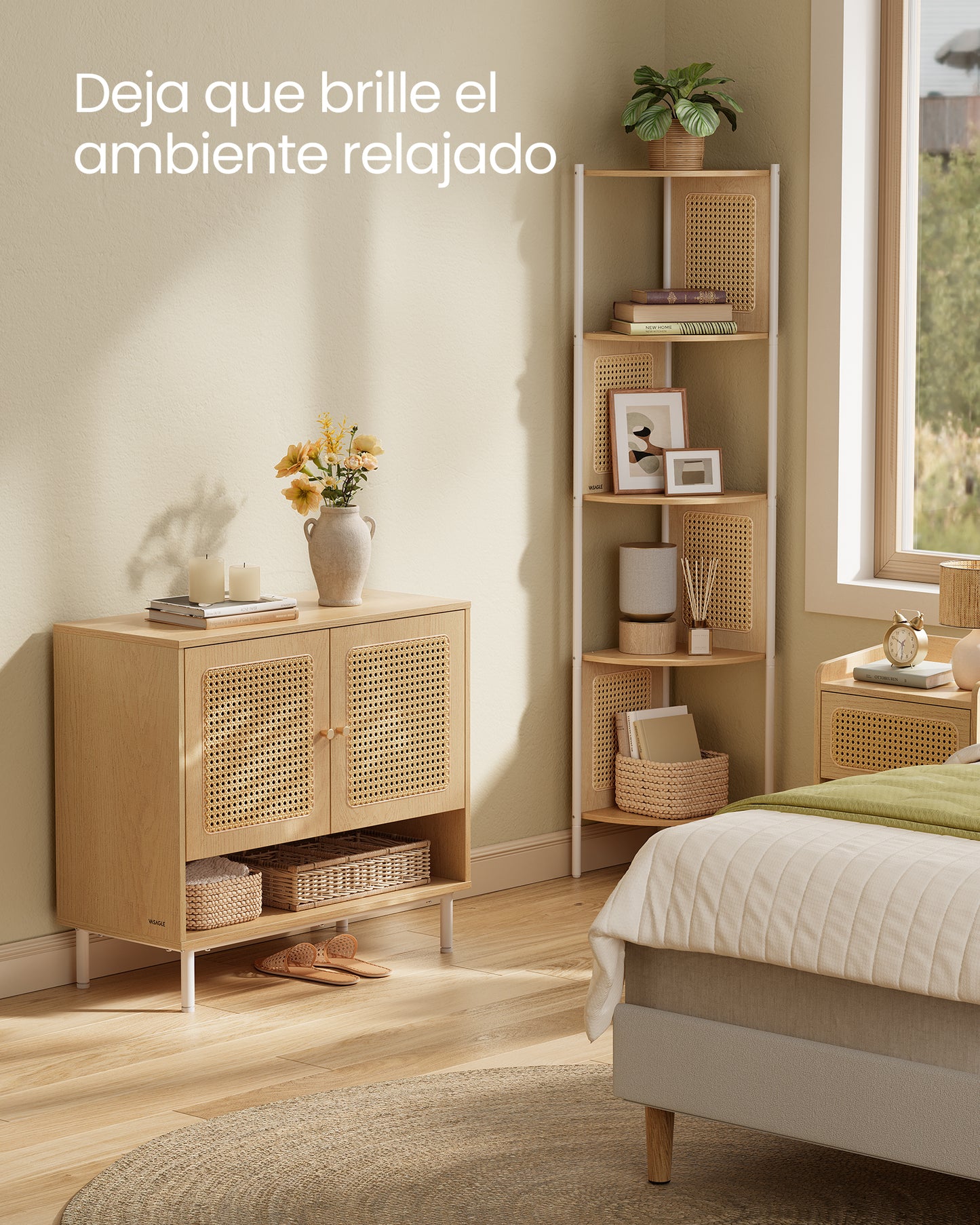 Zapatero de estilo boho con 3 niveles, puertas de ratán y estante ajustable - Madera y patas de acero