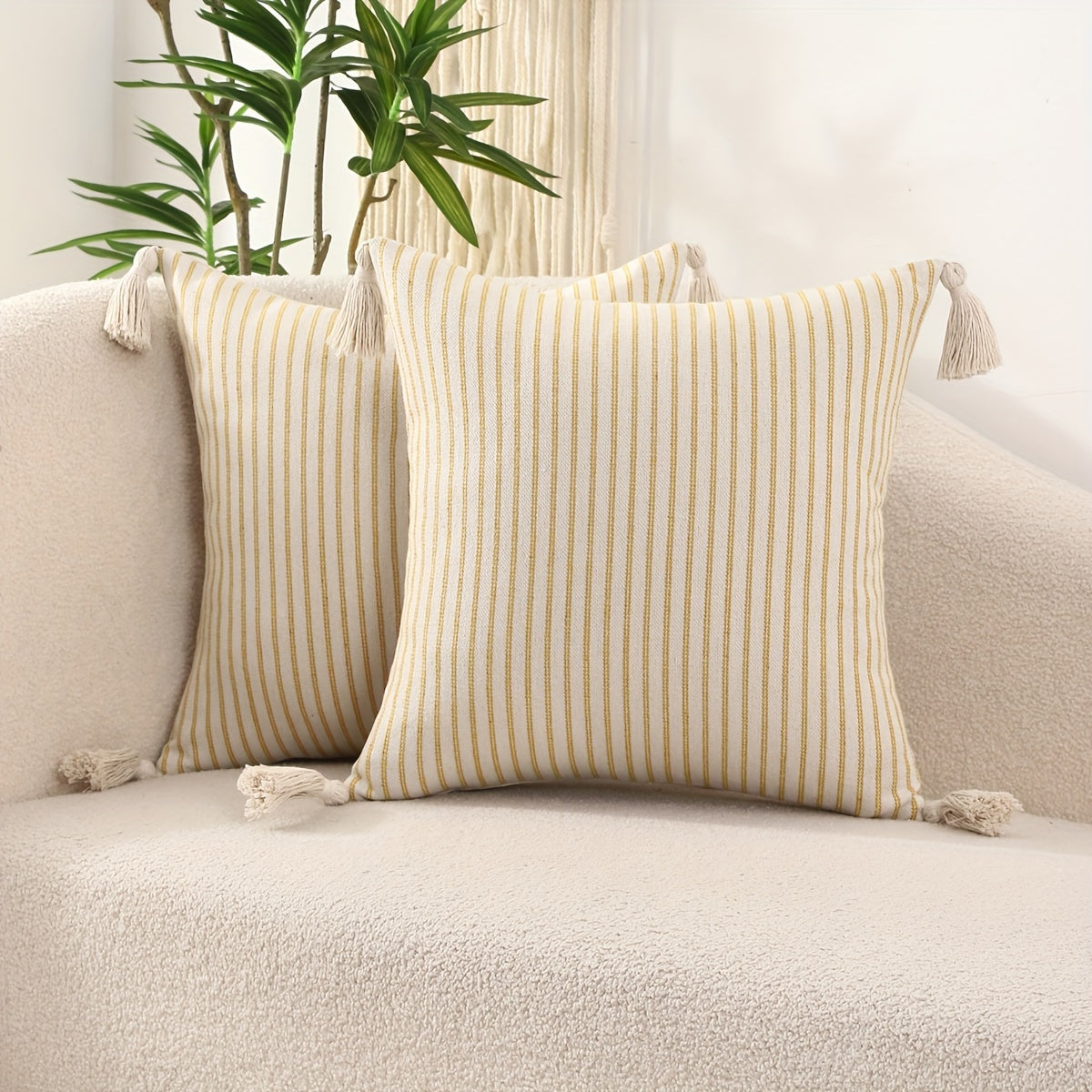 2 PIEZAS – Conjunto de 2 fundas de cojín estilo tradicional con patrón a rayas y borlas decorativas, disponible en 5 colores – 100% poliéster tejido, 45x45cm