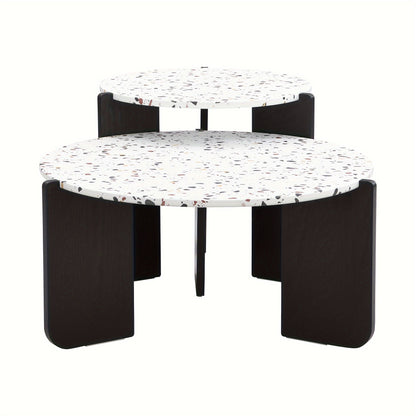 2 PIEZAS - Set de 2 mesas de centro a juego estilo contemporáneo para salón o sala de estar - Set de mesa lateral + mesa de centro - Sobre imitación terrazo y estructura de madera pintada en negro