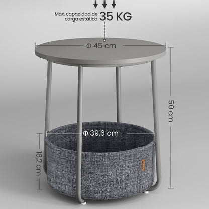Mesa auxiliar / lateral para salón o dormitorio con almacenamiento disponible en tres colores - Mesa redonda de café con canasta de tela - Estructura de metal