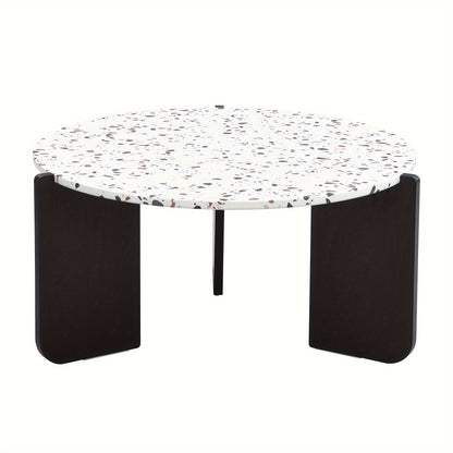 2 PIEZAS - Set de 2 mesas de centro a juego estilo contemporáneo para salón o sala de estar - Set de mesa lateral + mesa de centro - Sobre imitación terrazo y estructura de madera pintada en negro