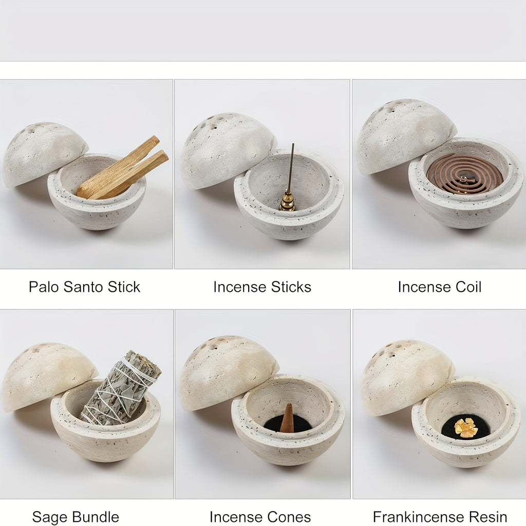 Porta Incienso de travertino natural y base de madera - Diseño esférico Hecho a Mano y base hexagonal