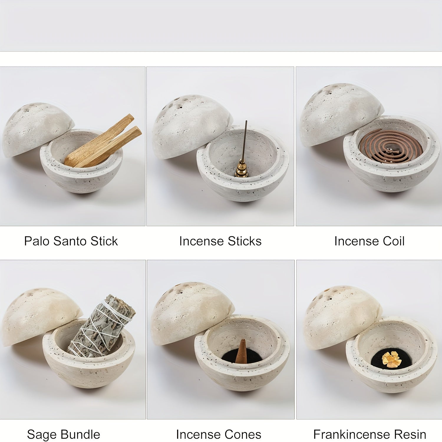 Porta Incienso de travertino natural y base de madera - Diseño esférico Hecho a Mano y base hexagonal