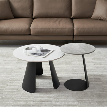 2 PIEZAS - Set de 2 mesas auxiliares estilo minimalista - Diseño multifuncional - Sobre de piedra y patas metálicas