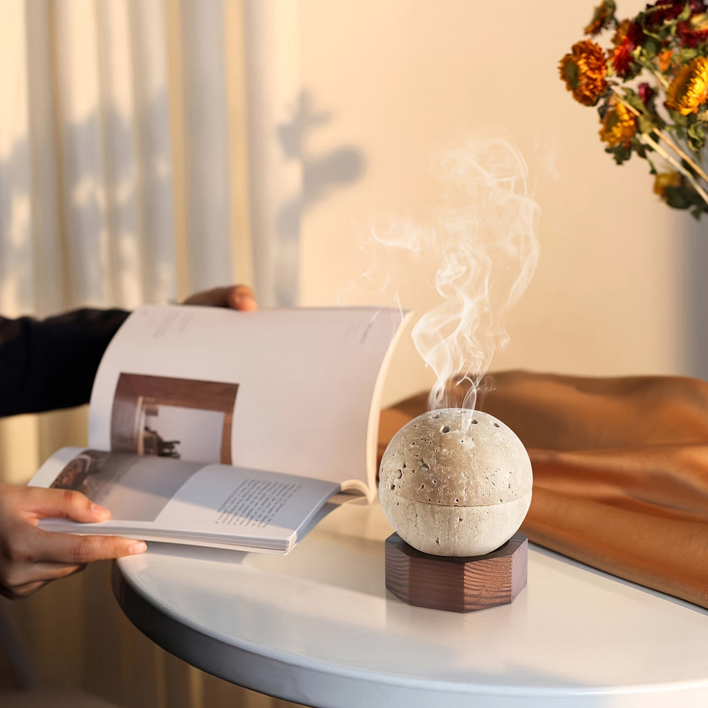 Porta Incienso de travertino natural y base de madera - Diseño esférico Hecho a Mano y base hexagonal