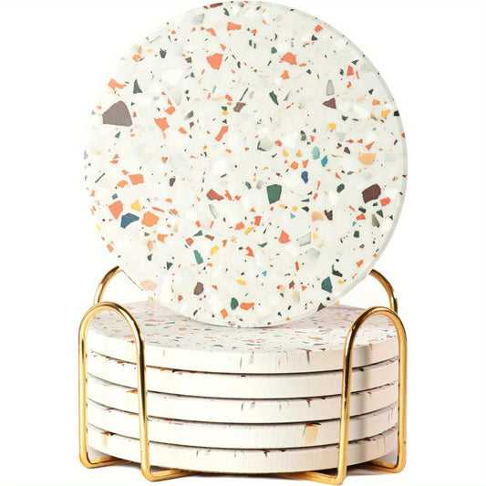 Set de 6 - Posavasos de Cerámica con Soporte Dorado – Absorbentes y Resistentes al Calor, Diseño Elegante para Protección de Superficies