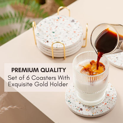 Set de 6 - Posavasos de Cerámica con Soporte Dorado – Absorbentes y Resistentes al Calor, Diseño Elegante para Protección de Superficies