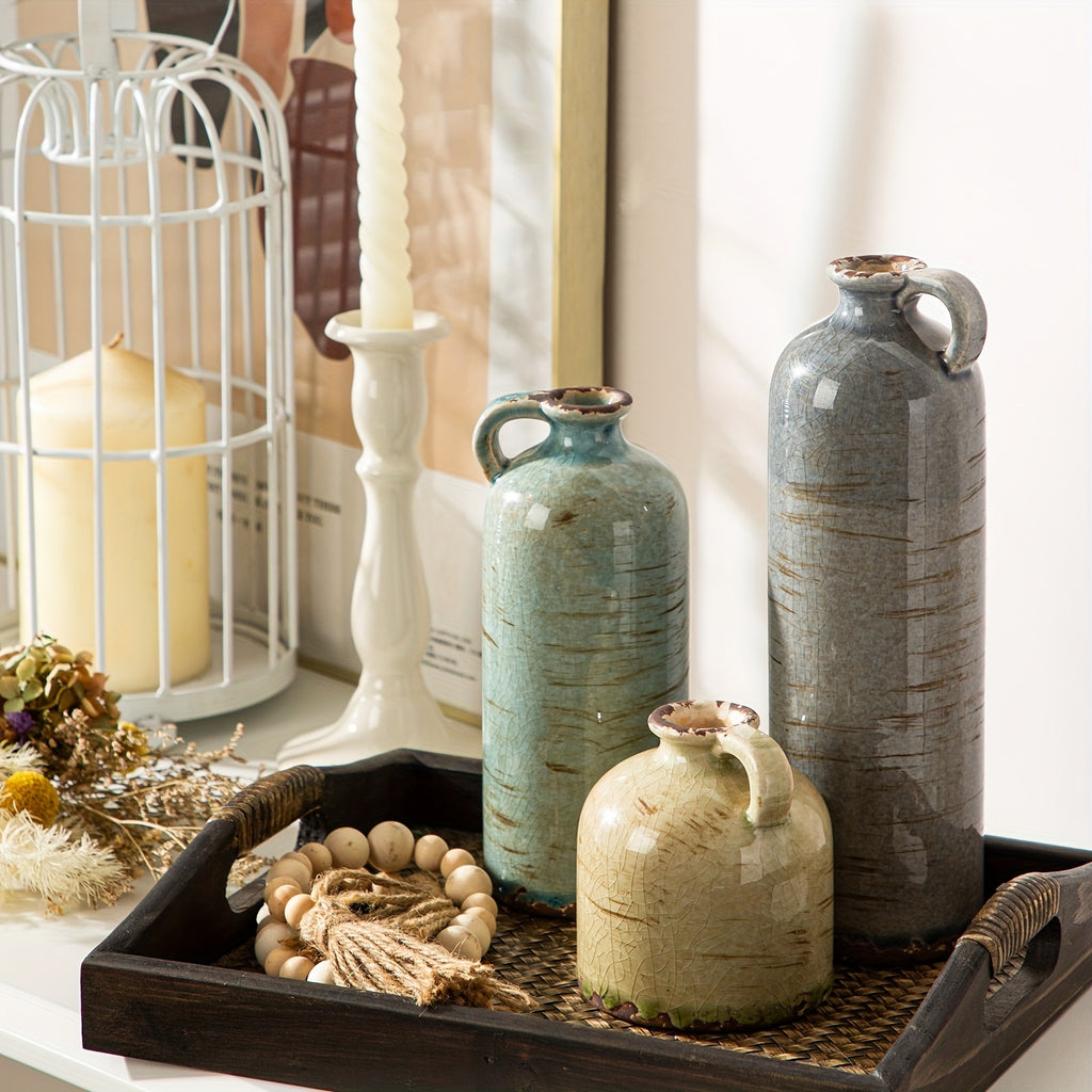 3 PIEZAS - Conjunto de 3 jarrones de cerámica estilo boho vintage - Diseño texturizado y brillante, disponible en mix aqua y blanco