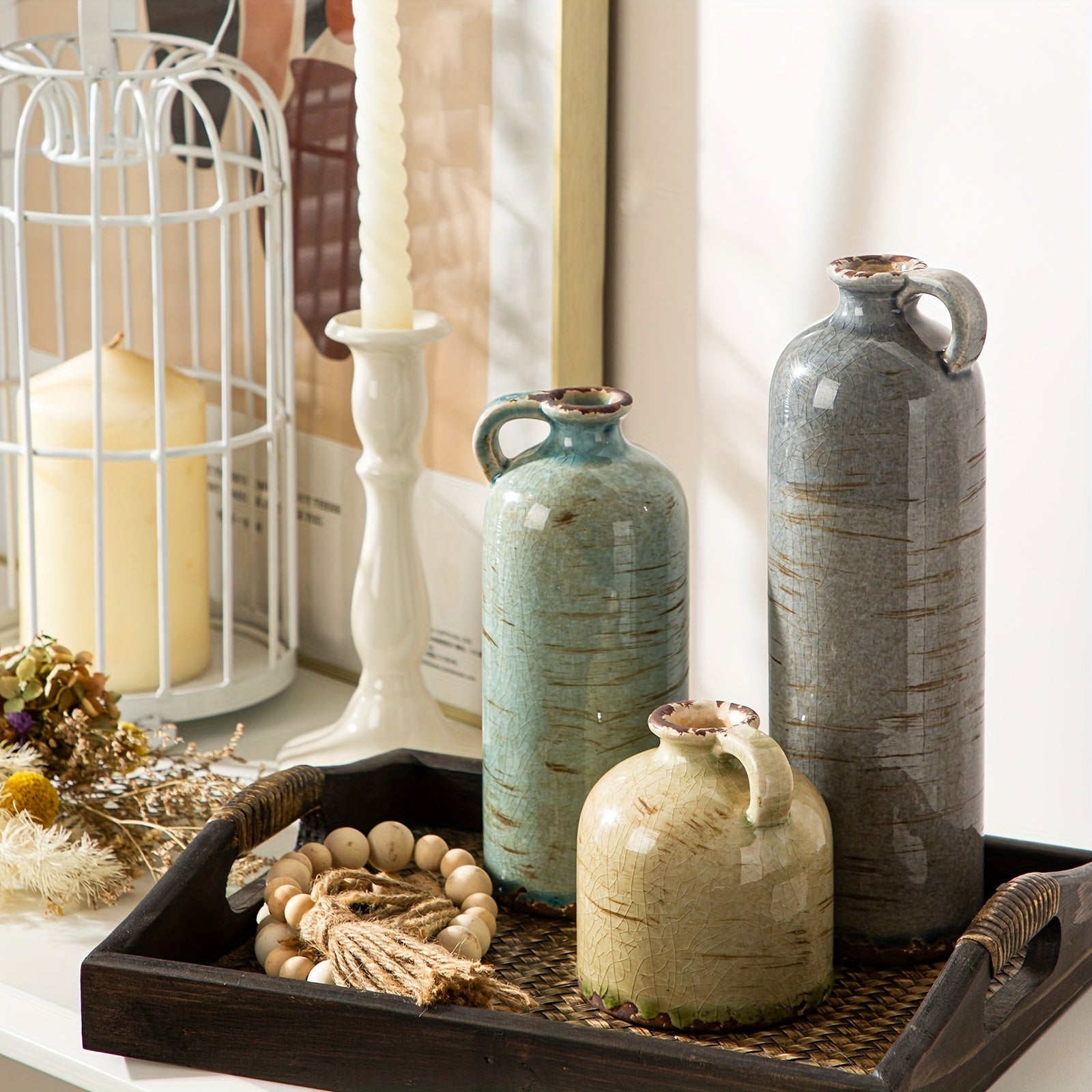 3 PIEZAS - Conjunto de 3 jarrones de cerámica estilo boho vintage - Diseño texturizado y brillante, disponible en mix aqua y blanco