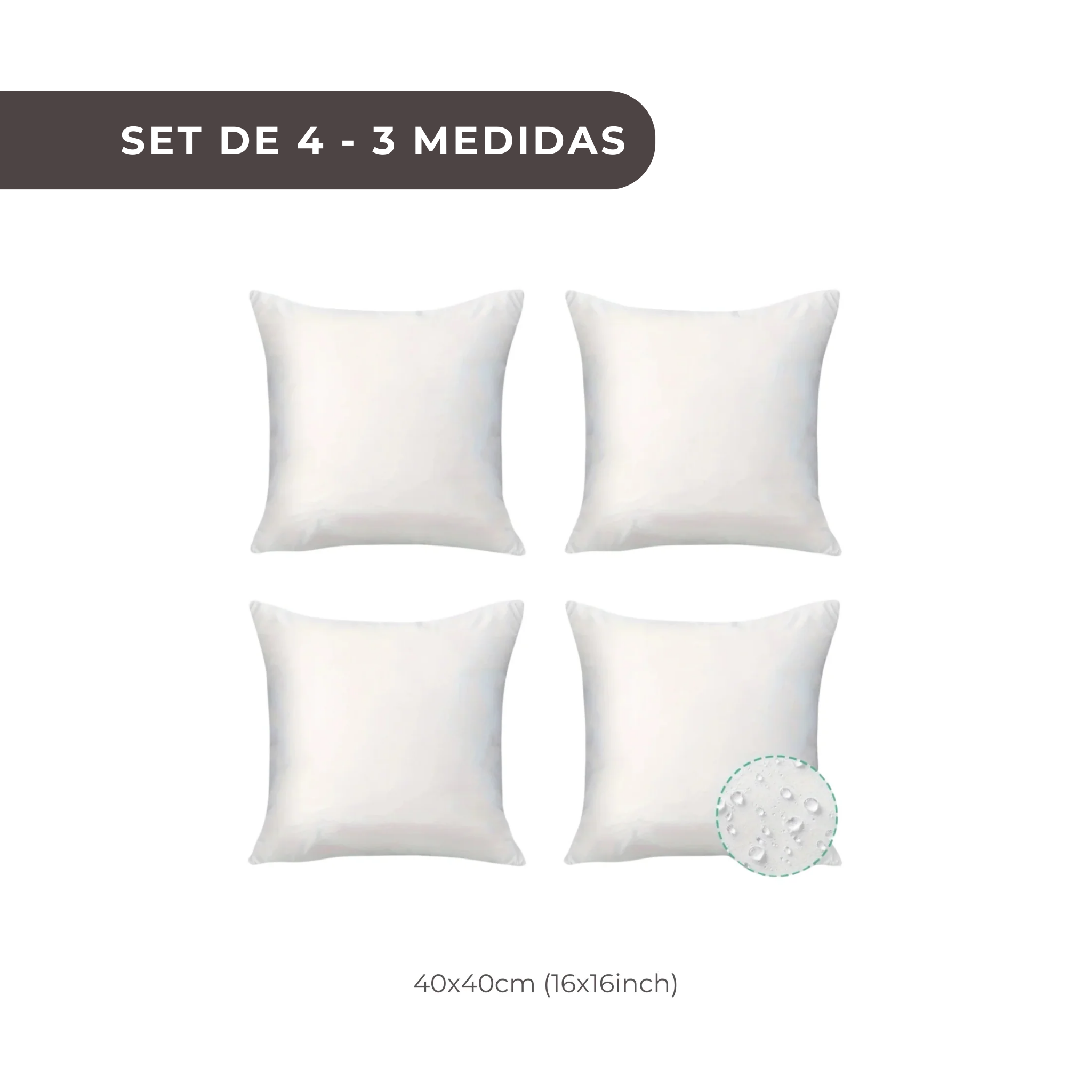 4 PIEZAS - Conjunto de 4 cojines rellenos impermeables para exterior e interior - Resistente al agua, aceite y suciedad - 100% Poliéster, suave y esponjoso, con cierre de cremallera disponible en tres tamaños