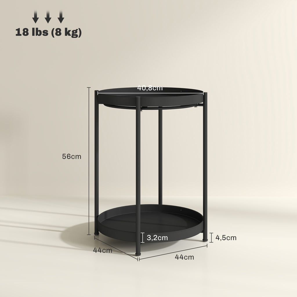 Mesa lateral / auxiliar para salón o dormitorio con 2 niveles estilo industrial / contemporáneo - Mesa redonda de café con patas ajustables - Estructura de metal negro 44x44x56cm