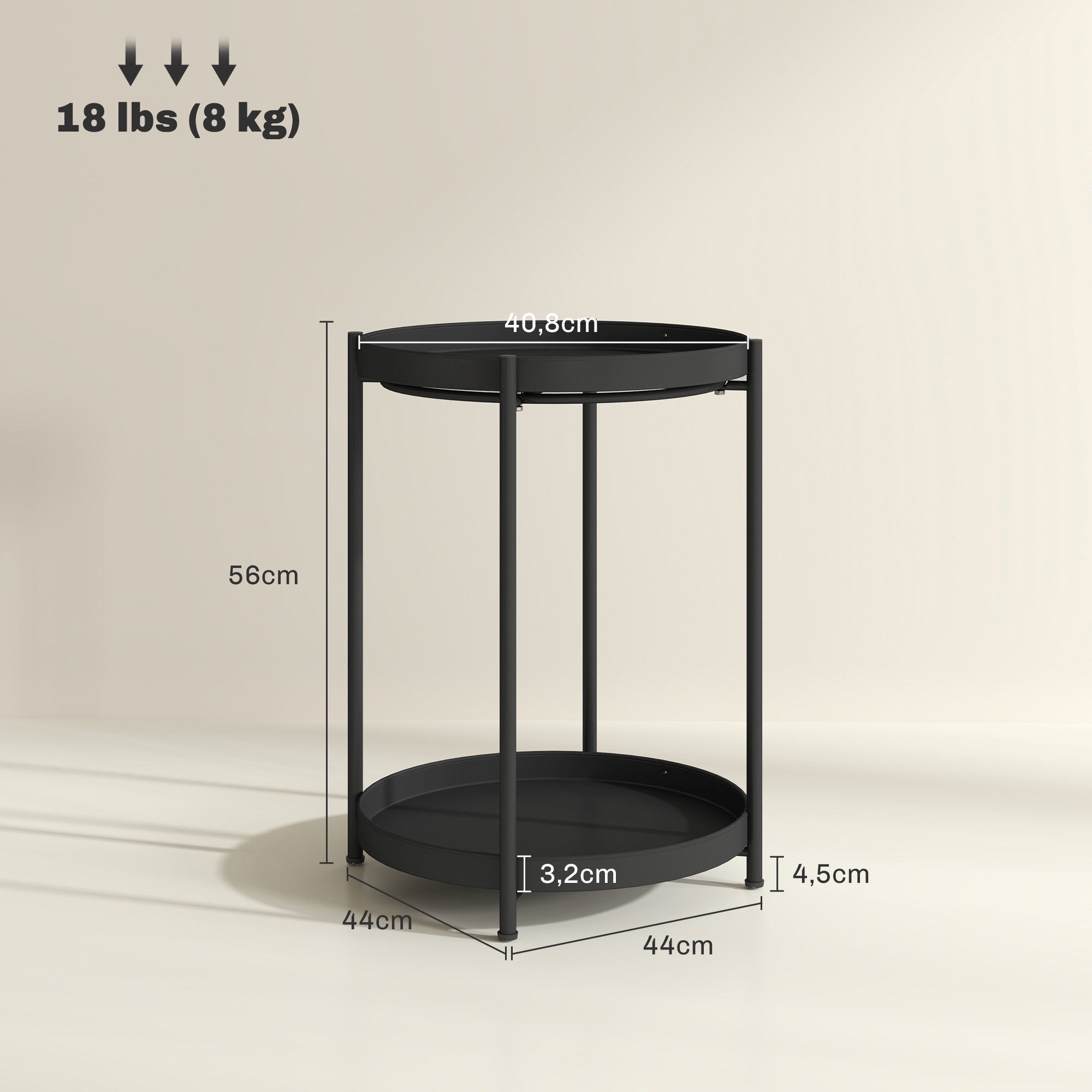 Mesa lateral / auxiliar para salón o dormitorio con 2 niveles estilo industrial / contemporáneo - Mesa redonda de café con patas ajustables - Estructura de metal negro 44x44x56cm