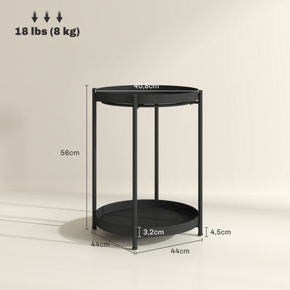 Mesa lateral / auxiliar para salón o dormitorio con 2 niveles estilo industrial / contemporáneo - Mesa redonda de café con patas ajustables - Estructura de metal negro 44x44x56cm