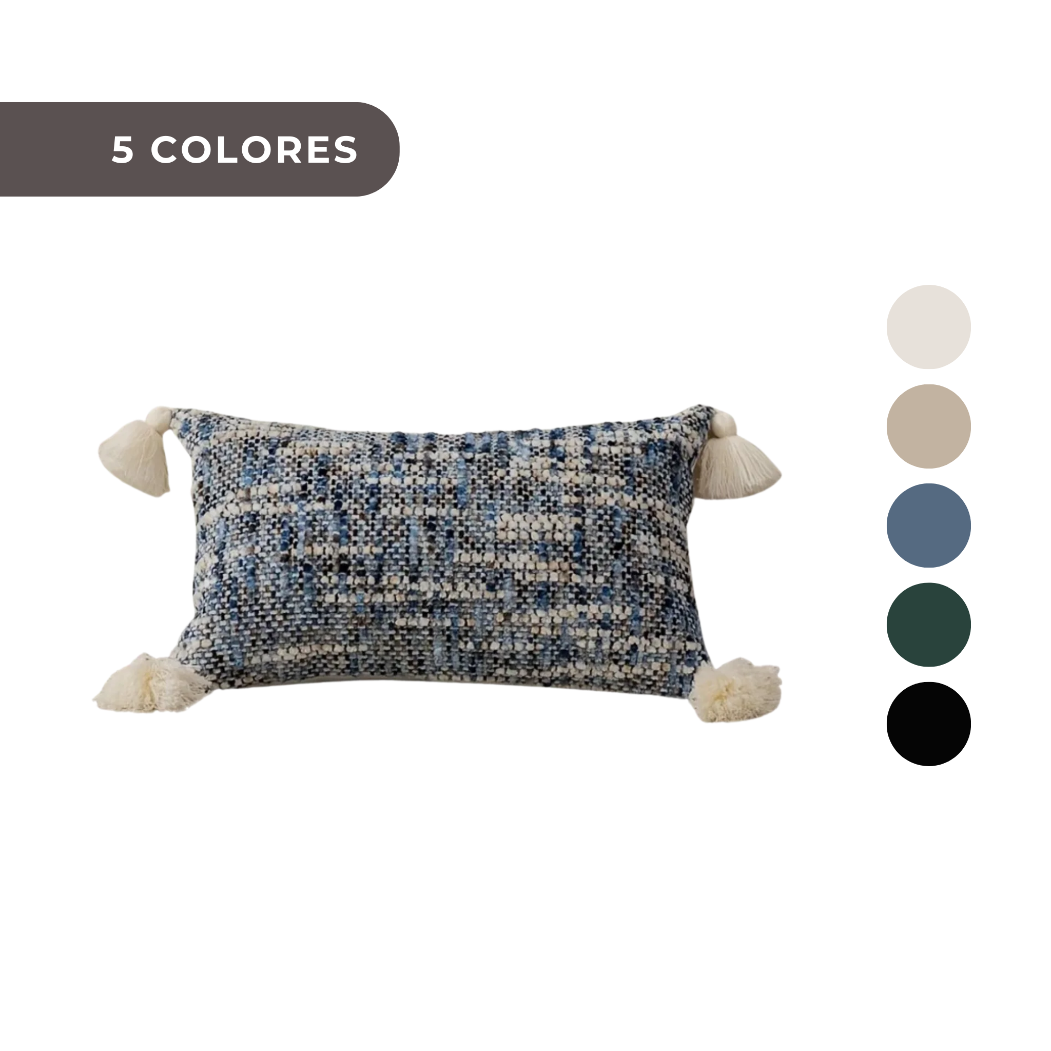 1 PIEZA - Funda de cojín bohemio vintage con franjas y borlas disponible en 5 colores. Diseño reversible en chenilla, Poliéster 100%, 30x50cm