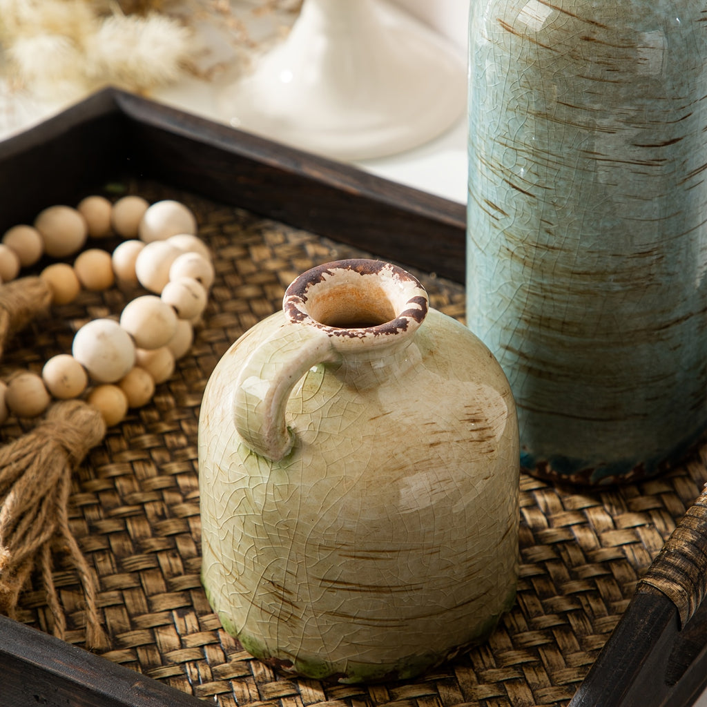 3 PIEZAS - Conjunto de 3 jarrones de cerámica estilo boho vintage - Diseño texturizado y brillante, disponible en mix aqua y blanco