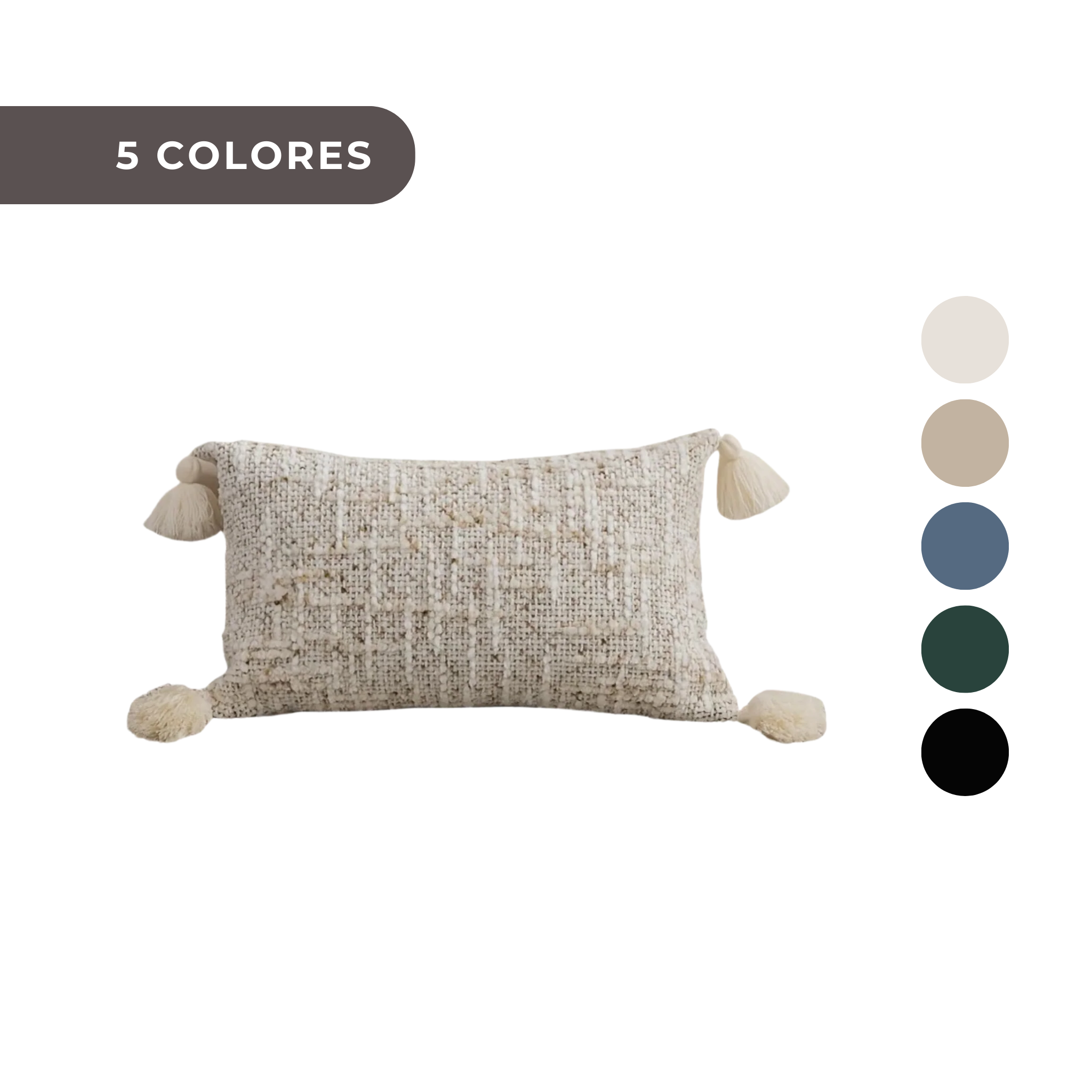 1 PIEZA - Funda de cojín bohemio vintage con franjas y borlas disponible en 5 colores. Diseño reversible en chenilla, Poliéster 100%, 30x50cm