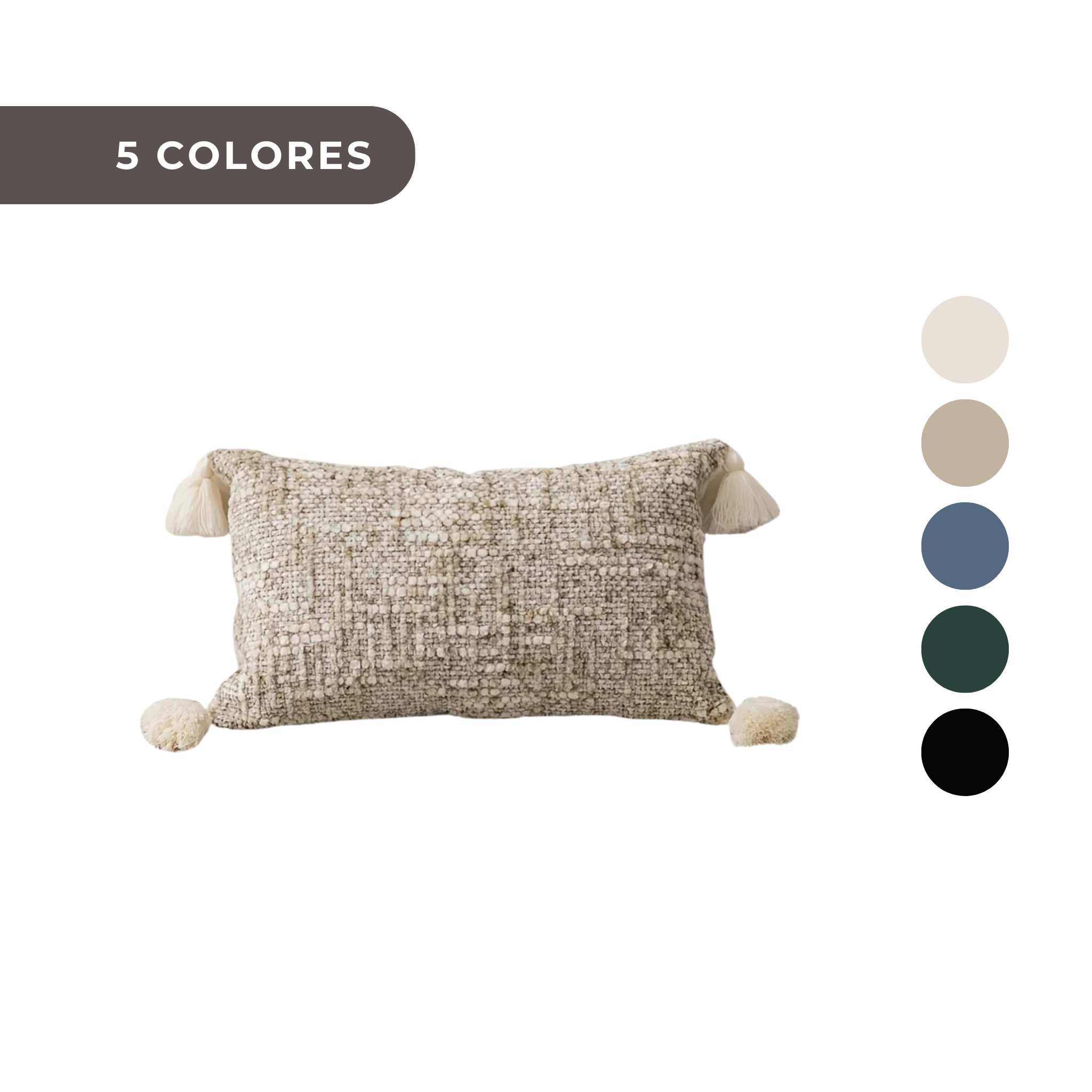 1 PIEZA - Funda de cojín bohemio vintage con franjas y borlas disponible en 5 colores. Diseño reversible en chenilla, Poliéster 100%, 30x50cm