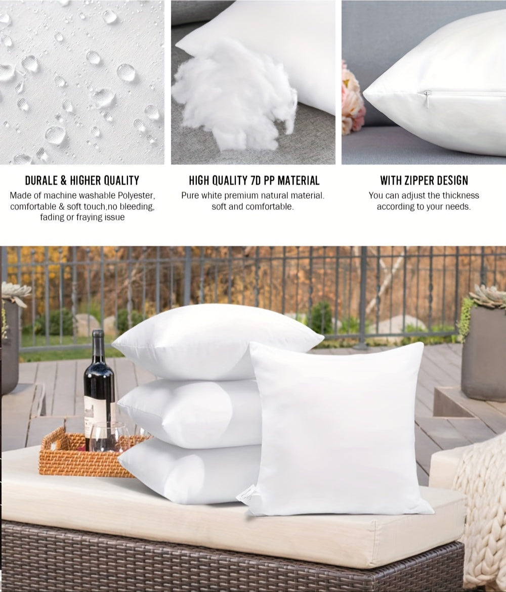 4 PIEZAS - Conjunto de 4 cojines rellenos impermeables para exterior e interior - Resistente al agua, aceite y suciedad - 100% Poliéster, suave y esponjoso, con cierre de cremallera disponible en tres tamaños