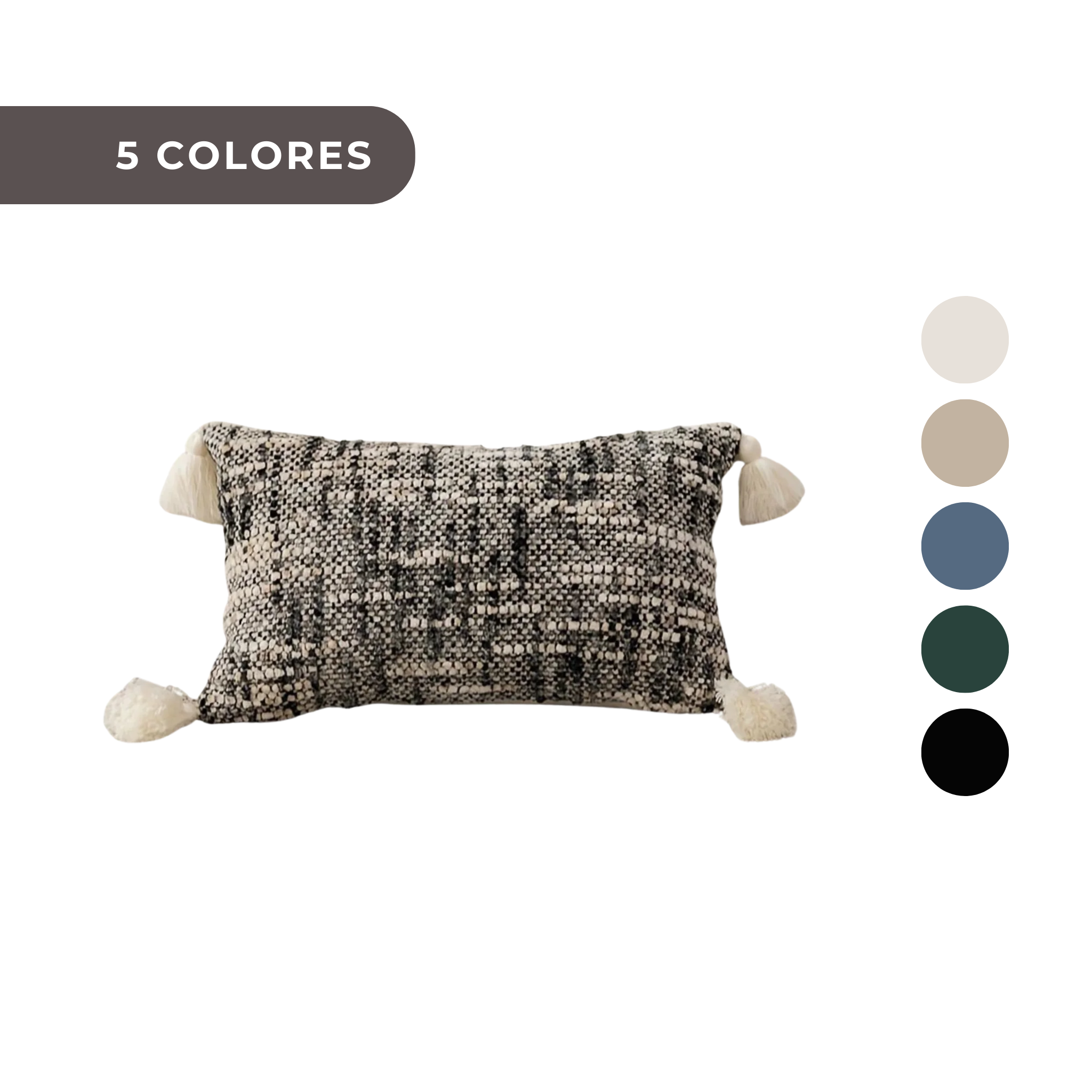 1 PIEZA - Funda de cojín bohemio vintage con franjas y borlas disponible en 5 colores. Diseño reversible en chenilla, Poliéster 100%, 30x50cm