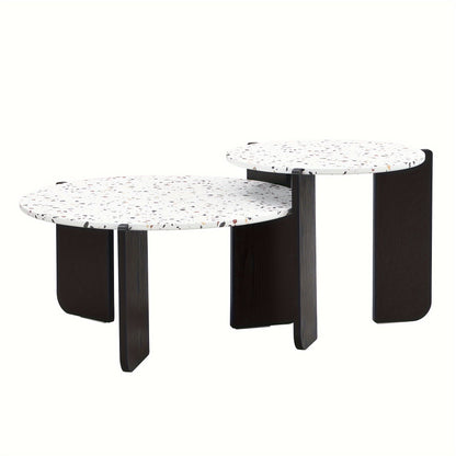 2 PIEZAS - Set de 2 mesas de centro a juego estilo contemporáneo para salón o sala de estar - Set de mesa lateral + mesa de centro - Sobre imitación terrazo y estructura de madera pintada en negro