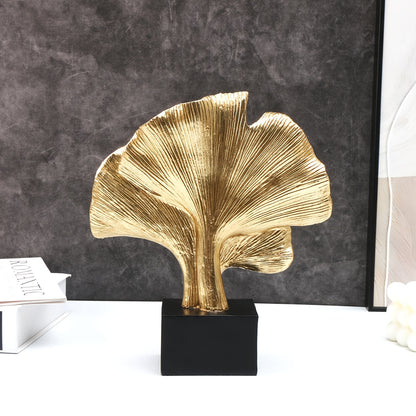 Escultura decorativa en resina - 3 Hojas de Ginkgo abstracta en dorado, arte elegante para interior