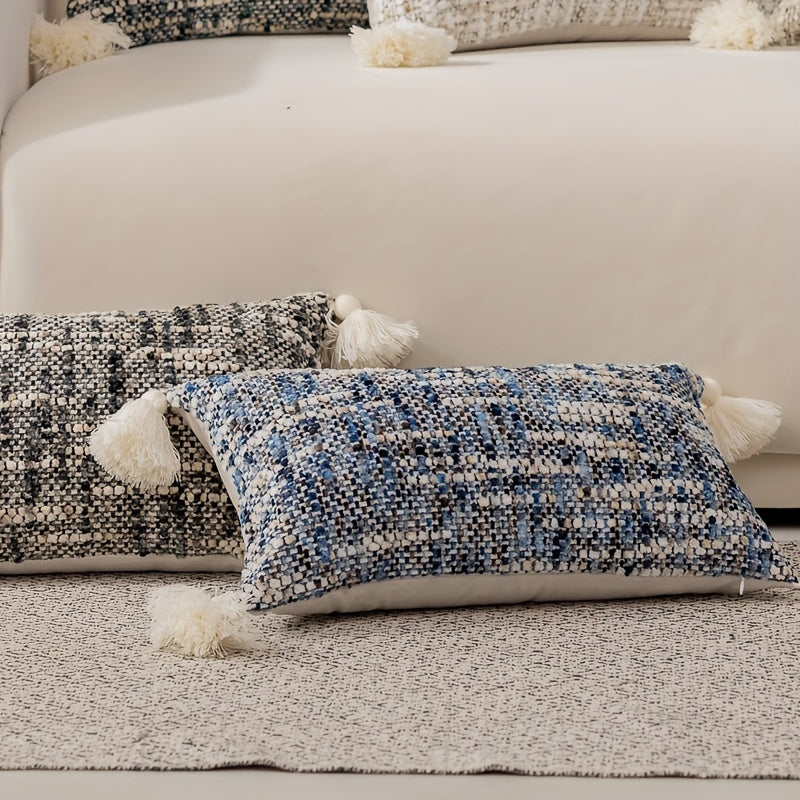 1 PIEZA - Funda de cojín bohemio vintage con franjas y borlas disponible en 5 colores. Diseño reversible en chenilla, Poliéster 100%, 30x50cm