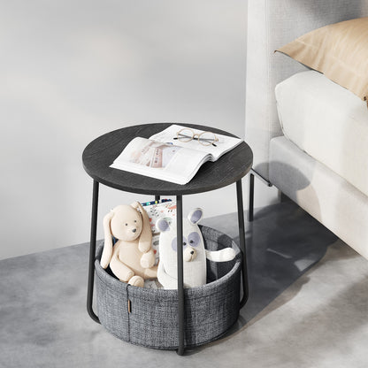 Mesa auxiliar / lateral para salón o dormitorio con almacenamiento disponible en tres colores - Mesa redonda de café con canasta de tela - Estructura de metal