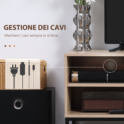 Mueble para TV móvil de estilo moderno para pantallas de hasta 60" con 4 estantes abiertos y gabinete de 2 niveles - MDF y acero en color madera y negro