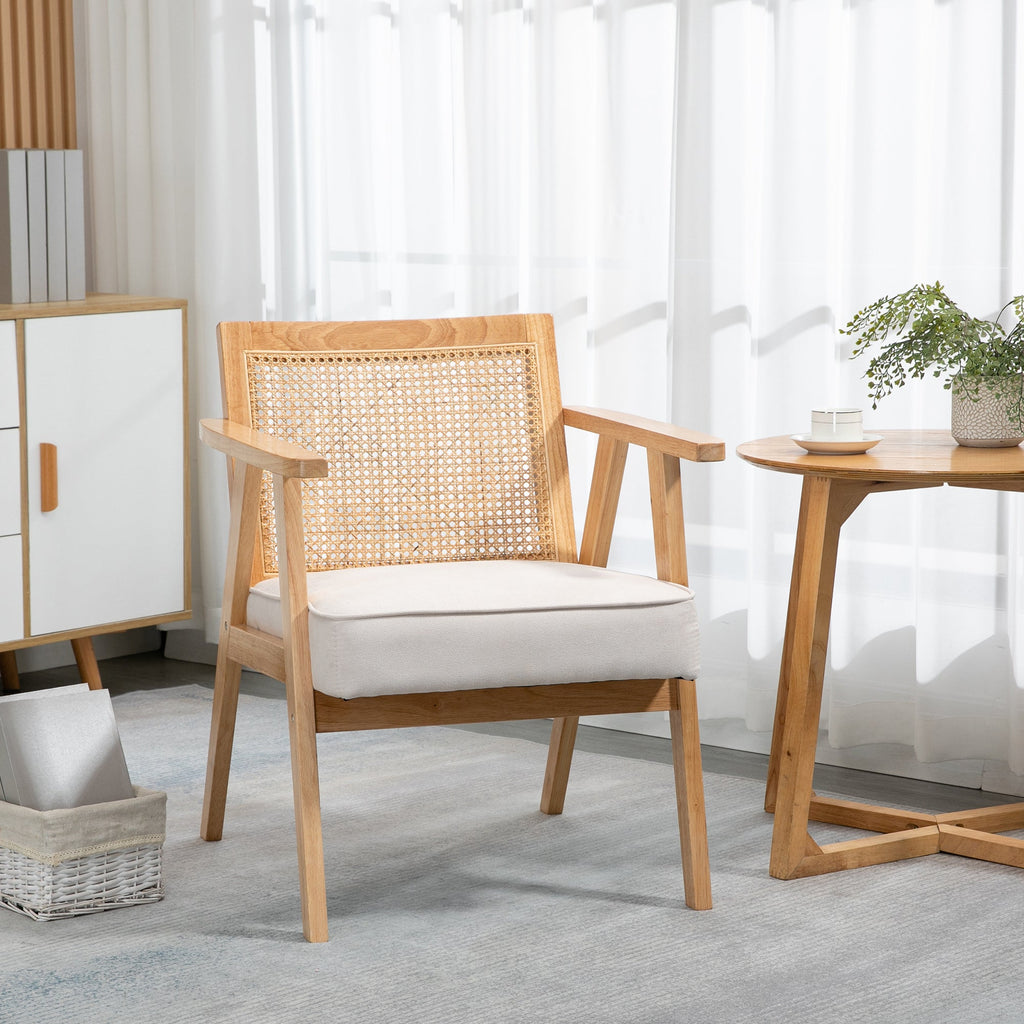 Sillón Lounge de estilo boho con respaldo de ratán y reposabrazos - Tapizado en tela con efecto lino y estructura de madera de caucho