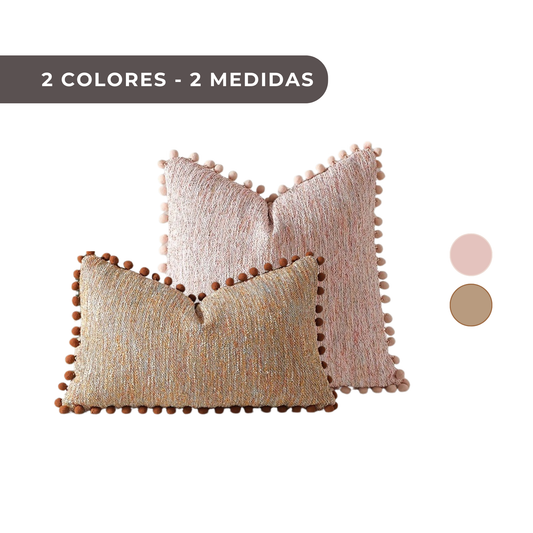 1 PIEZA - Funda para cojín estilo Boho Chic con pompones disponible en 2 colores y 2 medidas - Tejido 100% poliéster efecto lino
