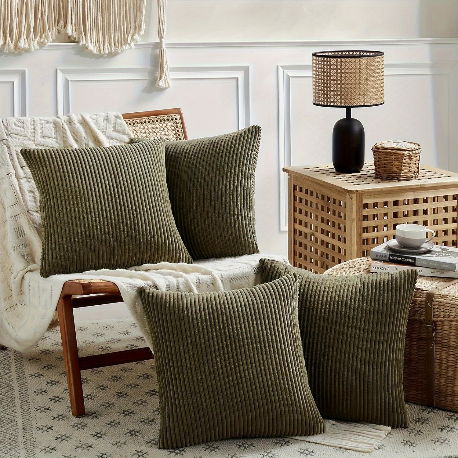 4 PIEZAS - Conjunto de 4 fundas de cojín de terciopelo con textura a rayas, estilo bohemio, disponible en 5 colores, 45x45 cm