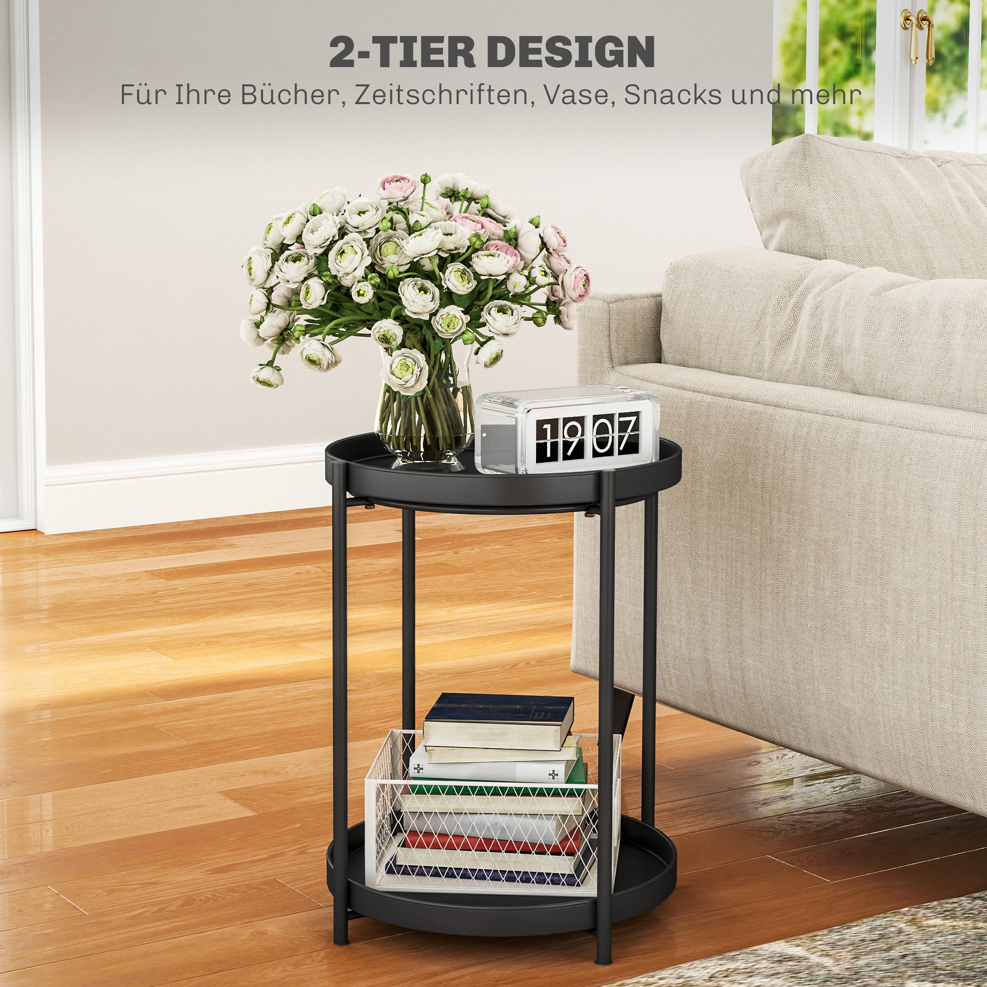 Mesa lateral / auxiliar para salón o dormitorio con 2 niveles estilo industrial / contemporáneo - Mesa redonda de café con patas ajustables - Estructura de metal negro 44x44x56cm