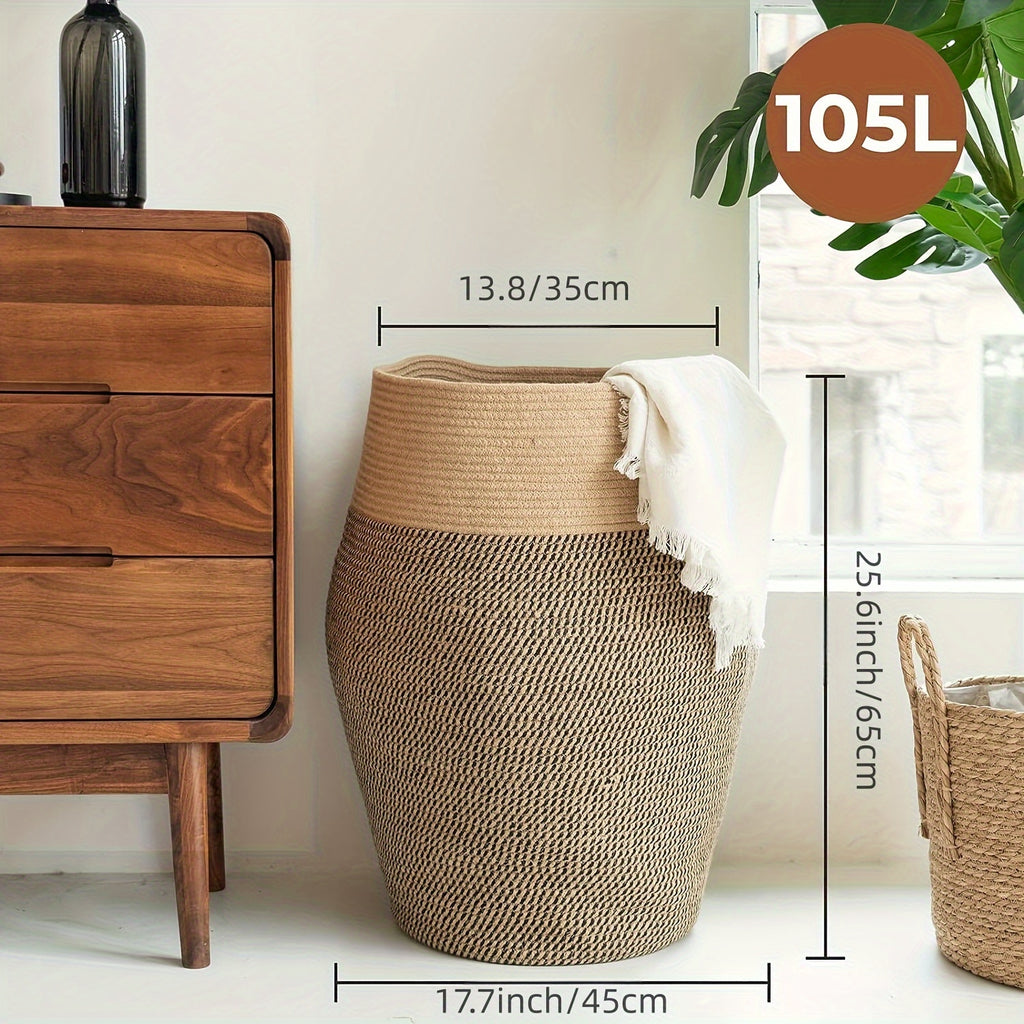 Cesto para ropa de yute natural estilo boho - Disponible en 4 colores, diseño alto, tejido con curvas elegantes y agarraderas