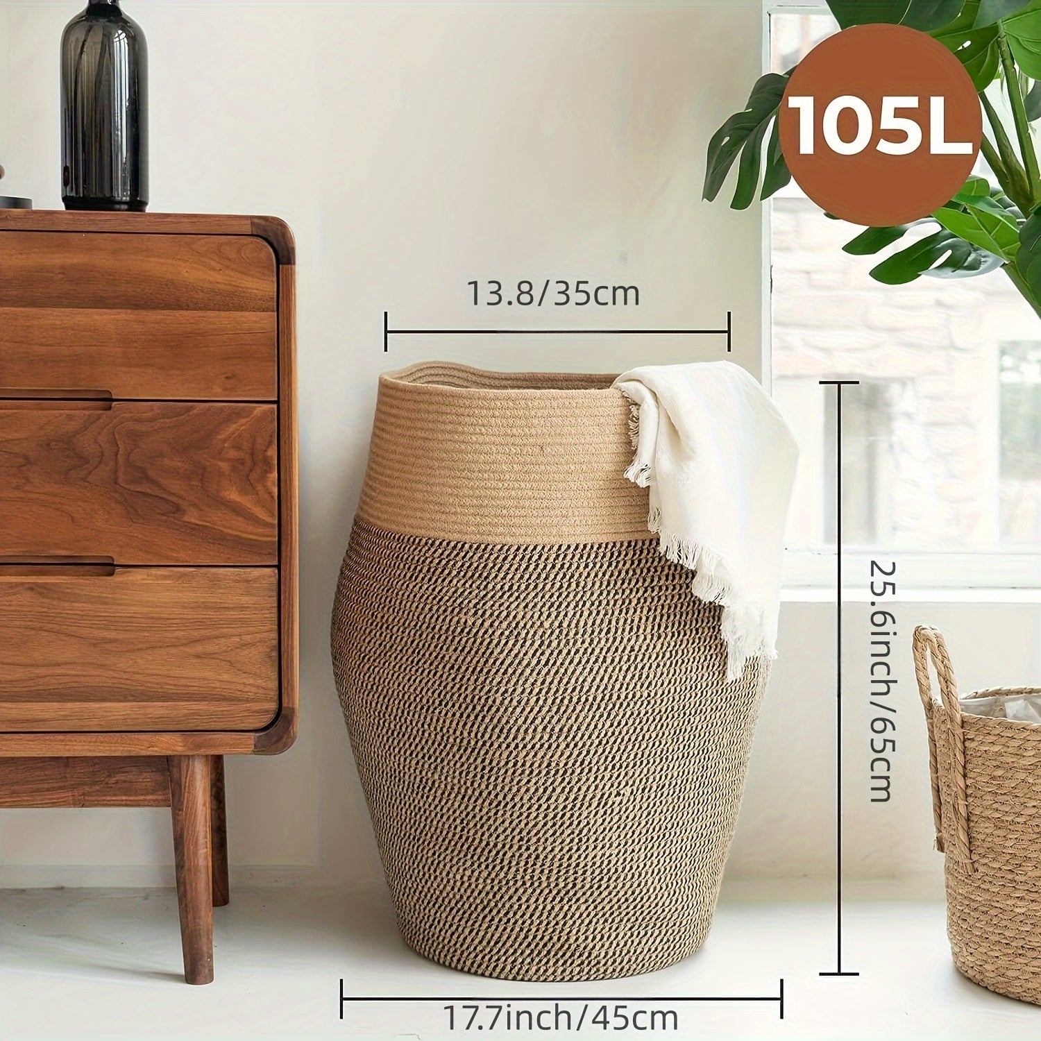 Cesto para ropa de yute natural estilo boho - Disponible en 4 colores, diseño alto, tejido con curvas elegantes y agarraderas