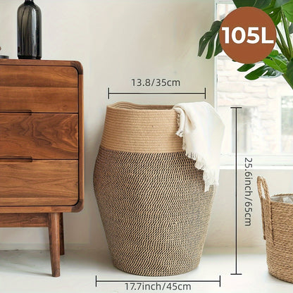 Cesto para ropa de yute natural estilo boho - Disponible en 4 colores, diseño alto, tejido con curvas elegantes y agarraderas