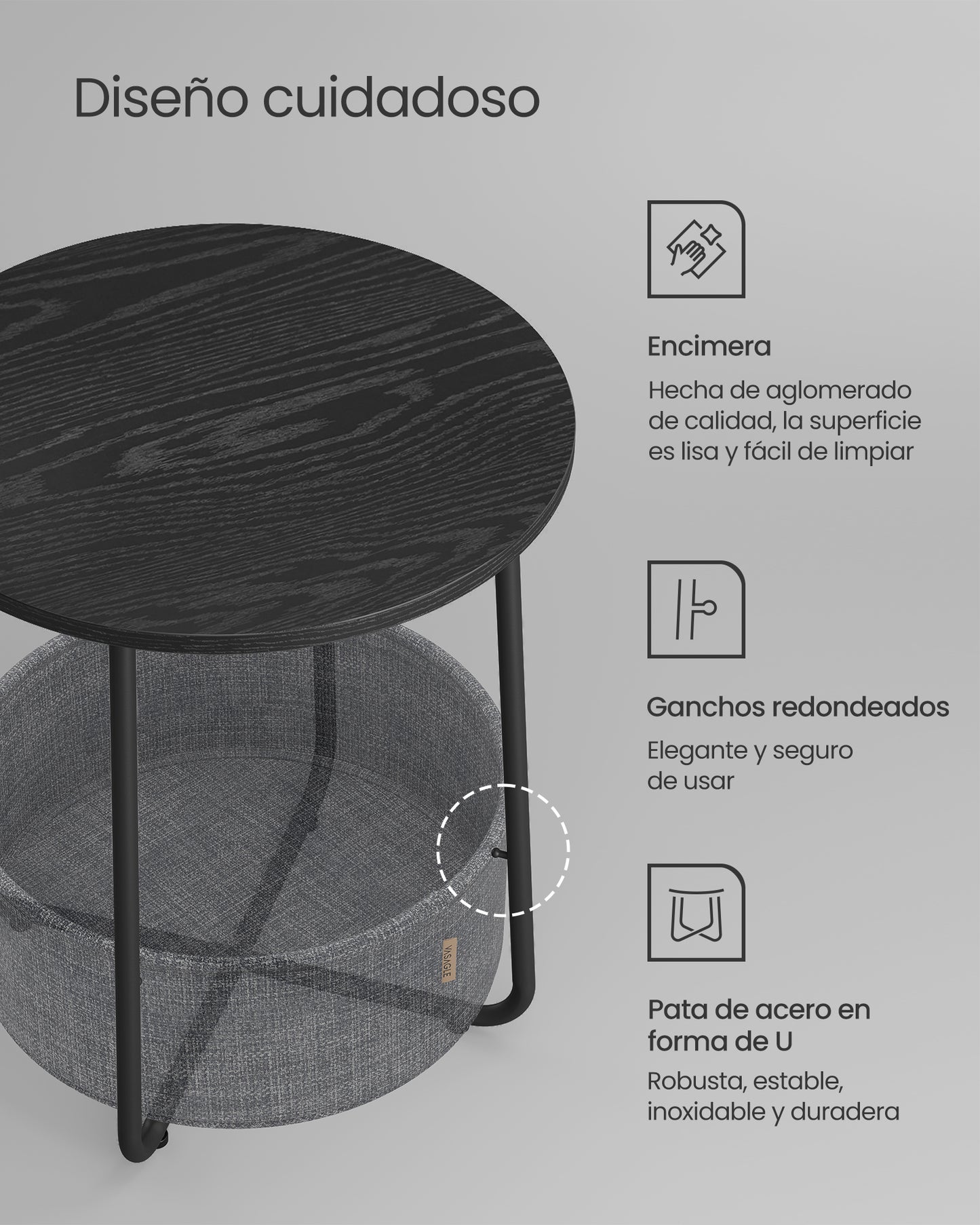 Mesa auxiliar / lateral para salón o dormitorio con almacenamiento disponible en tres colores - Mesa redonda de café con canasta de tela - Estructura de metal