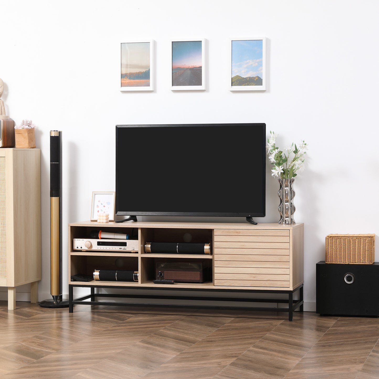Mueble para TV móvil de estilo moderno para pantallas de hasta 60" con 4 estantes abiertos y gabinete de 2 niveles - MDF y acero en color madera y negro