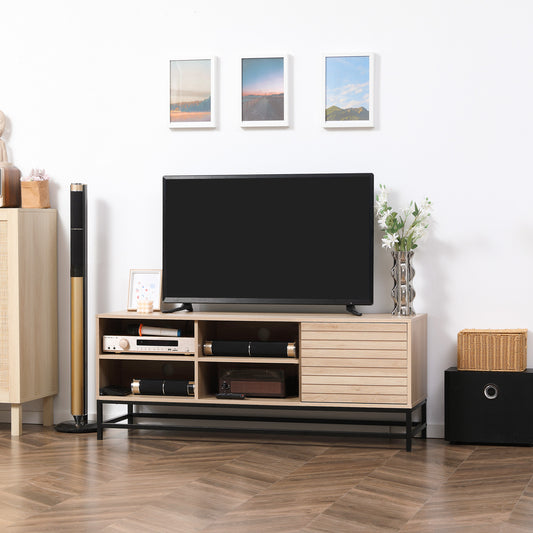 Mueble para TV móvil de estilo moderno para pantallas de hasta 60" con 4 estantes abiertos y gabinete de 2 niveles - MDF y acero en color madera y negro
