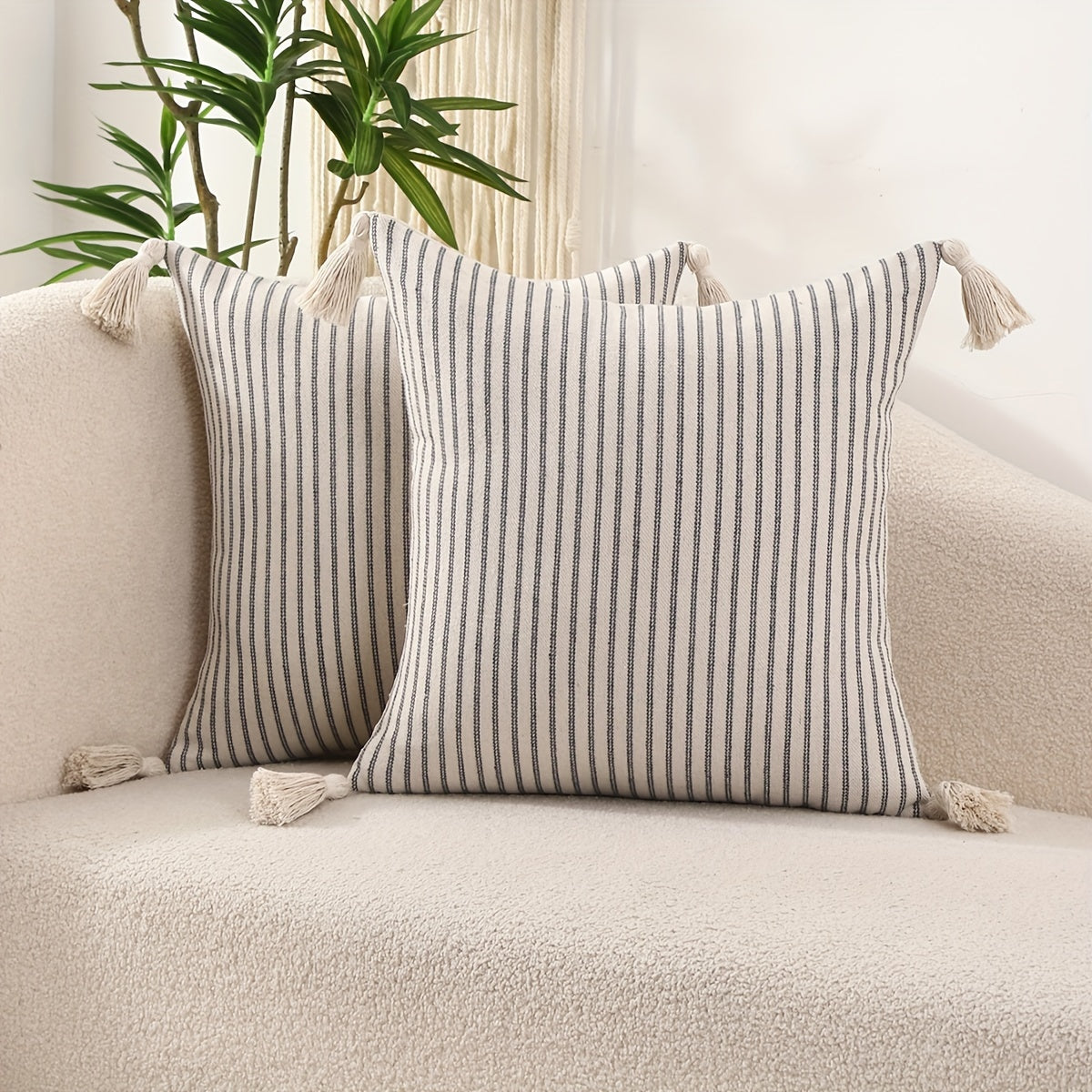 2 PIEZAS – Conjunto de 2 fundas de cojín estilo tradicional con patrón a rayas y borlas decorativas, disponible en 5 colores – 100% poliéster tejido, 45x45cm