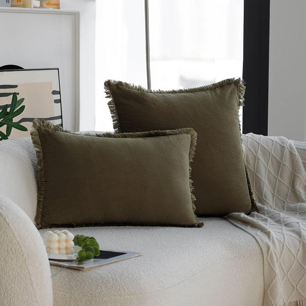 1 PIEZA - Funda de cojín verde oliva con borlas estilo Vintage. Algodón y poliéster, suave y transpirable, 45x45cm y 50x50cm
