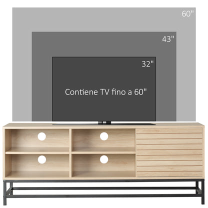 Mueble para TV móvil de estilo moderno para pantallas de hasta 60" con 4 estantes abiertos y gabinete de 2 niveles - MDF y acero en color madera y negro