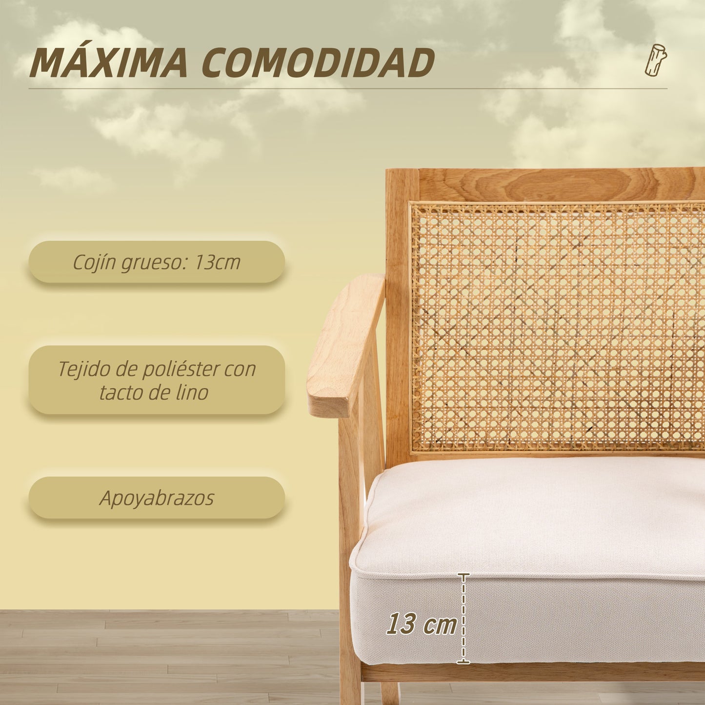 Sillón Lounge de estilo boho con respaldo de ratán y reposabrazos - Tapizado en tela con efecto lino y estructura de madera de caucho