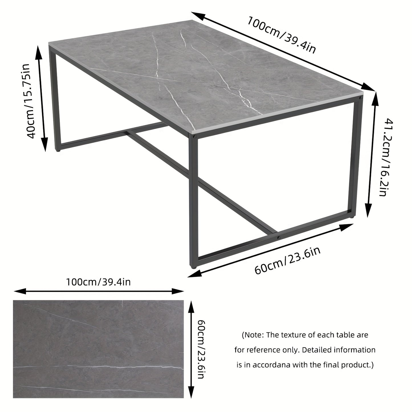 Mesa de centro para sala de estar de estilo moderno - Sobre de piedra sinterizada y estructura metálica en negro