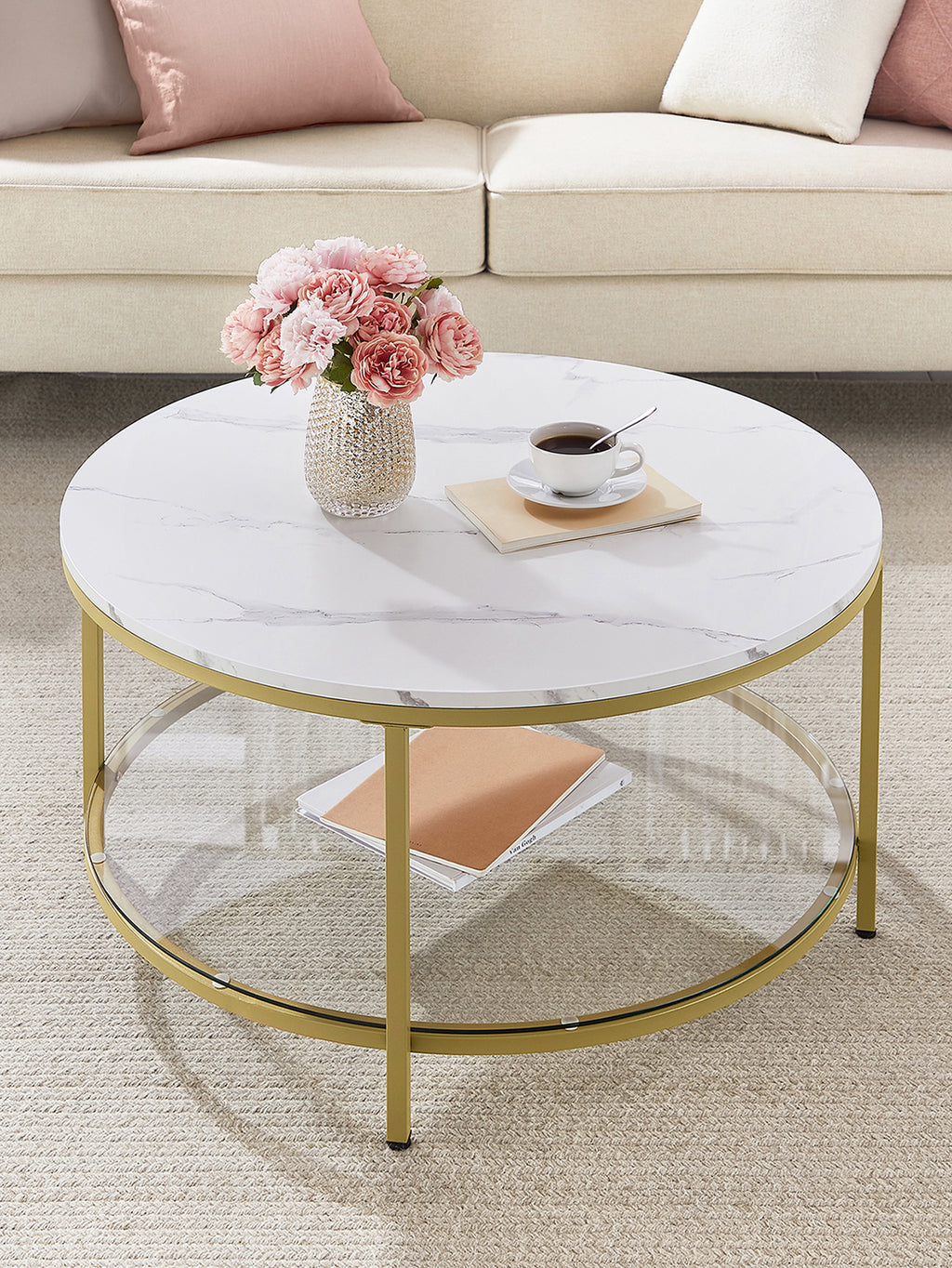 Mesa de centro redonda de estilo moderno disponible en tres variantes - Mármol de imitación, estante de vidrio templado y estructura metálica