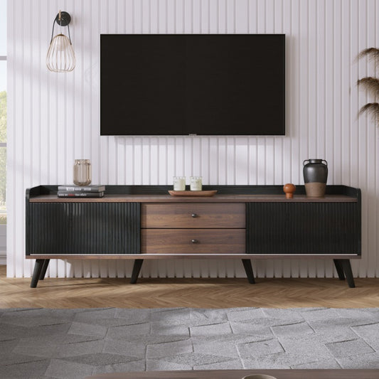 Mueble para TV de estilo moderno con puertas corredizas, 2 cajones y estante de almacenamiento - Madera maciza disponible en terminado blanco y negro