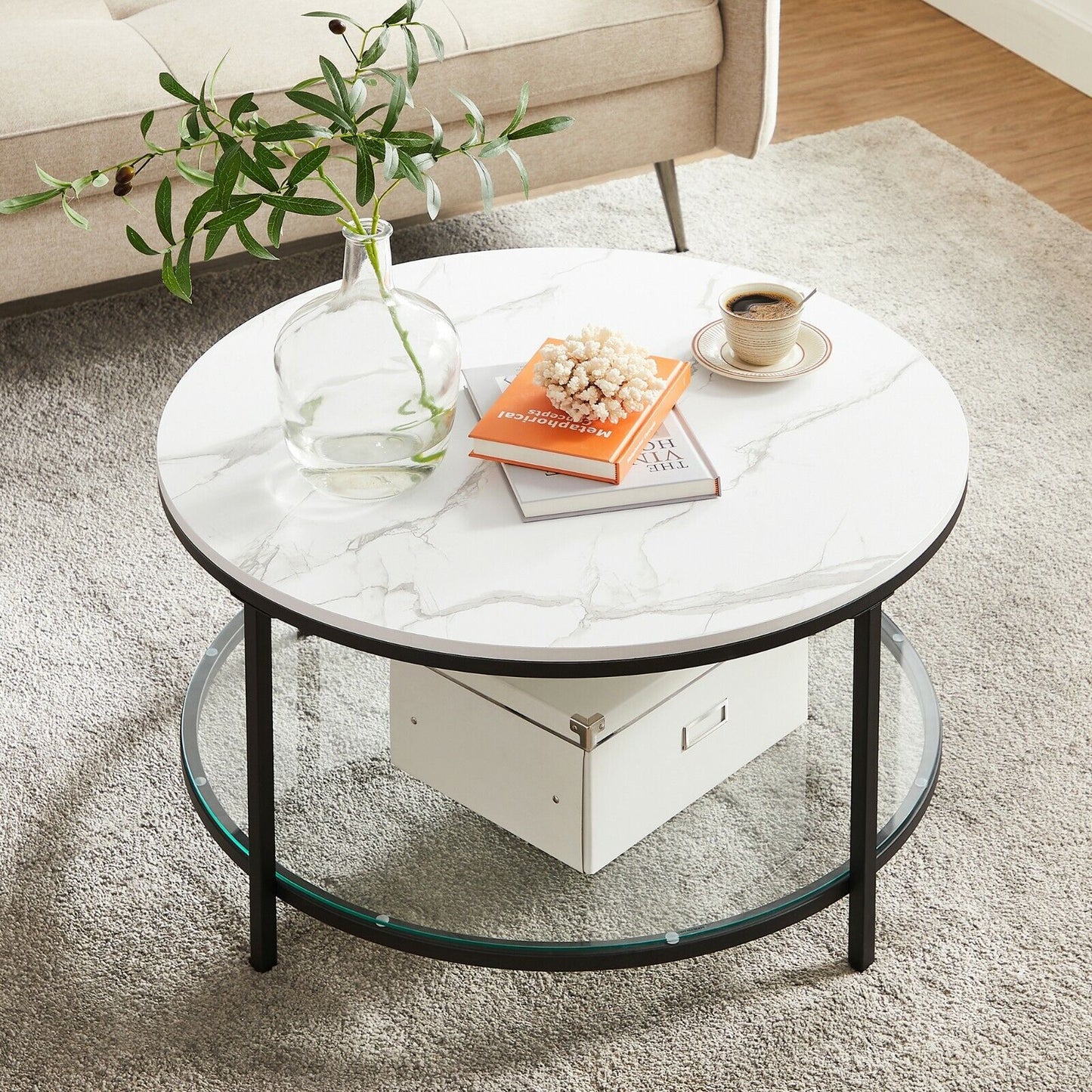 Mesa de centro redonda de estilo moderno disponible en tres variantes - Mármol de imitación, estante de vidrio templado y estructura metálica