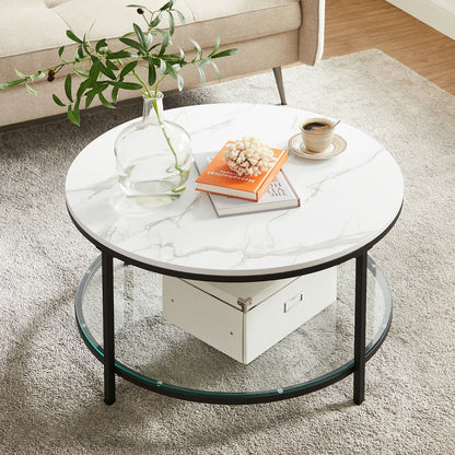 Mesa de centro redonda de estilo moderno disponible en tres variantes - Mármol de imitación, estante de vidrio templado y estructura metálica