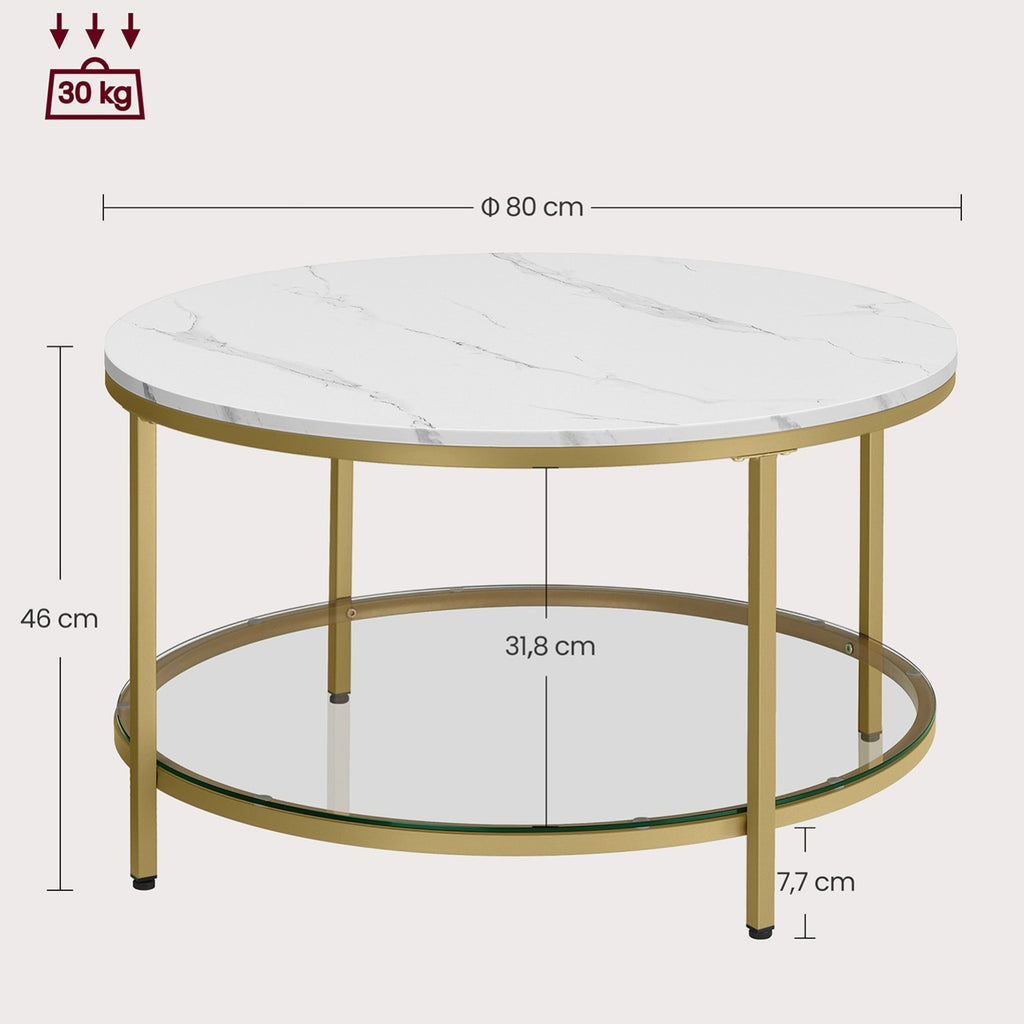 Mesa de centro redonda de estilo moderno disponible en tres variantes - Mármol de imitación, estante de vidrio templado y estructura metálica