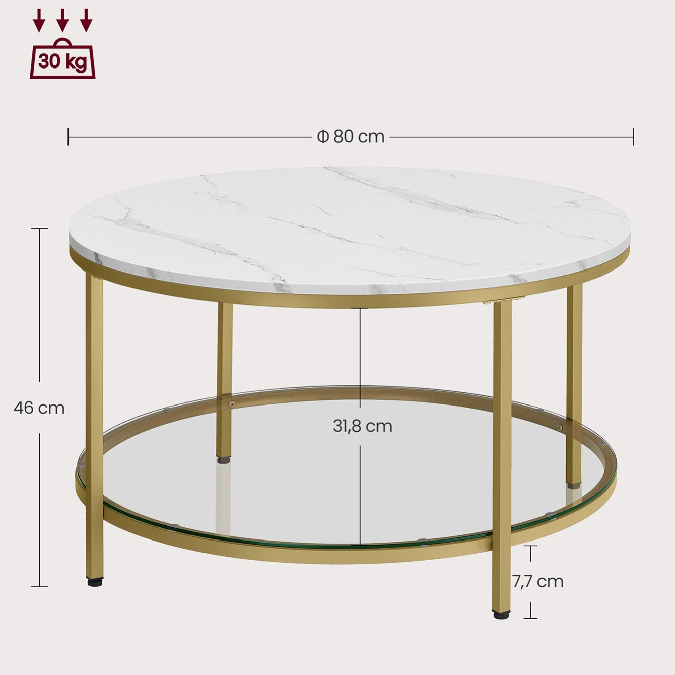 Mesa de centro redonda de estilo moderno disponible en tres variantes - Mármol de imitación, estante de vidrio templado y estructura metálica