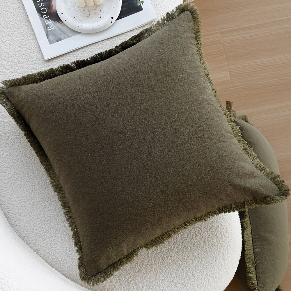 1 PIEZA - Funda de cojín verde oliva con borlas estilo Vintage. Algodón y poliéster, suave y transpirable, 45x45cm y 50x50cm